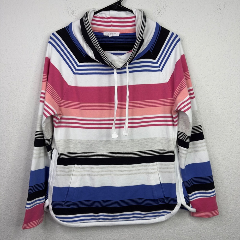 T by Talbots Sweatshirt Womens M Colorful Striped‎ Funnel Neck Athleisure Sporty